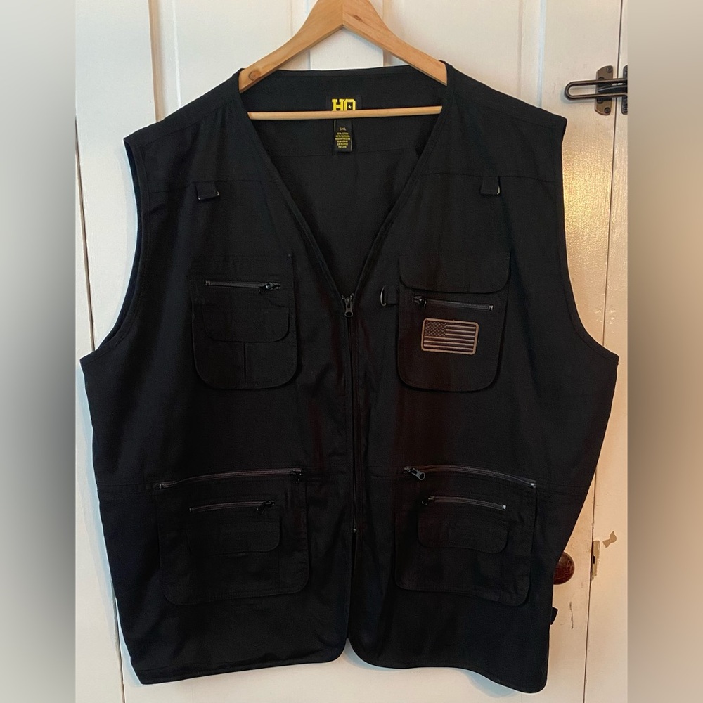 HQ Tactical Utility Vest 5XL Black Multi Pocket Zip Front Hunting Fishing Work